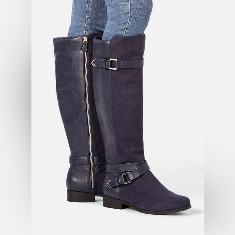 JustFab Hollie Navy Blue Knee-High Flat Boots Faux Suede Gold Buckle Women’s - Picture 5 of 10